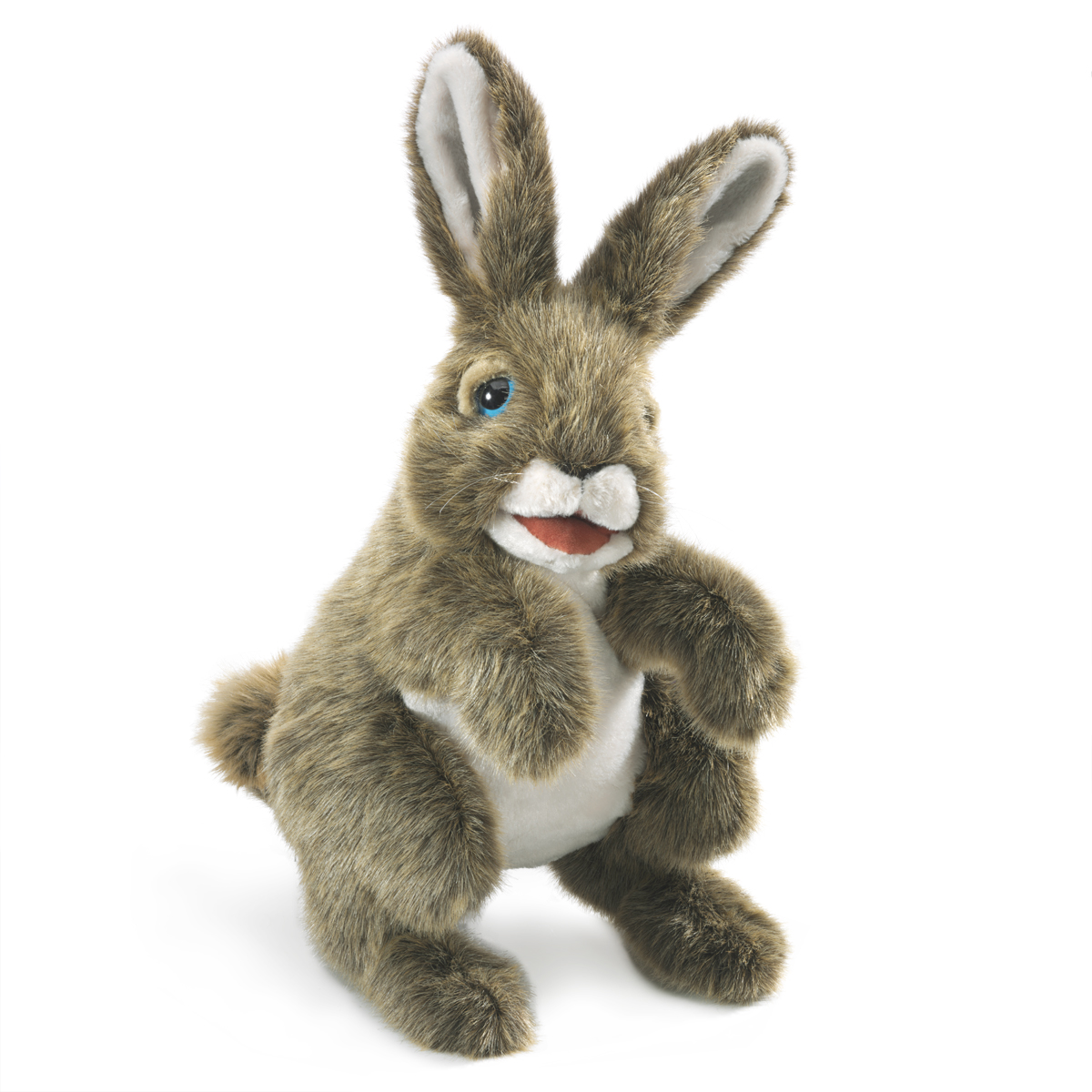 Folkmanis hare hand puppet in brown plush, sitting upright with movable mouth and blue eyes, front view