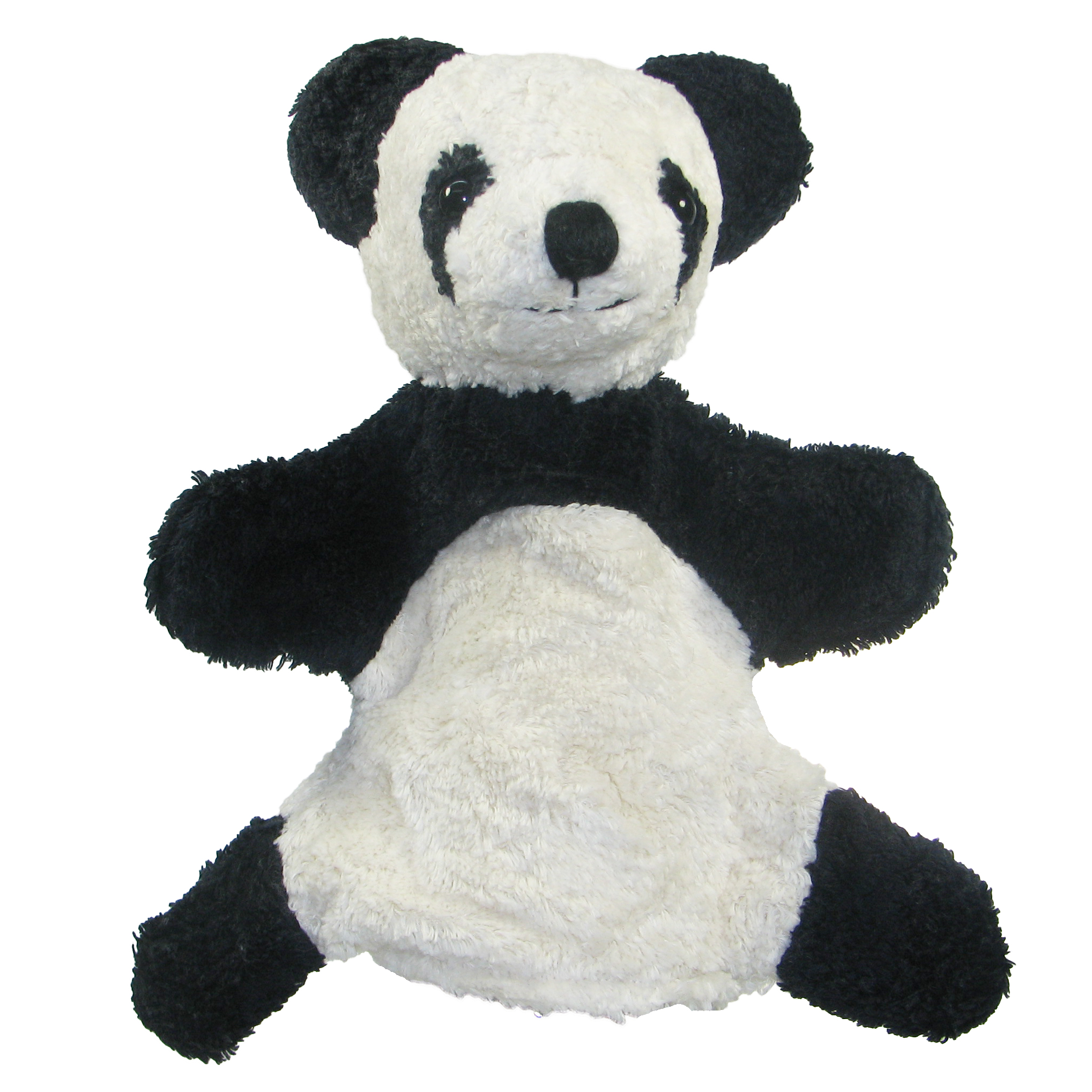 Kallisto hand puppet panda front view, black-and-white natural-material puppet with black ears and paws