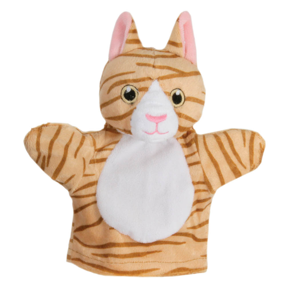 The Puppet Company baby hand puppet cat, tabby puppet with a white belly