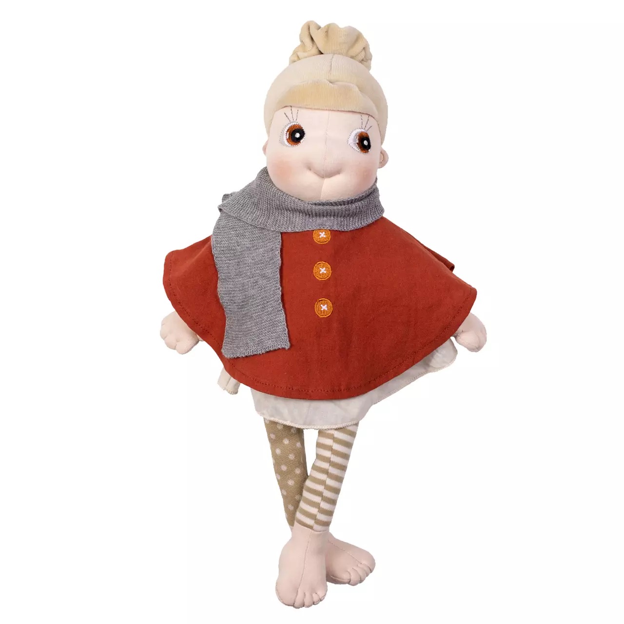 Rubens EcoBuds doll in the autumn poncho with grey scarf, standing with light hair bun