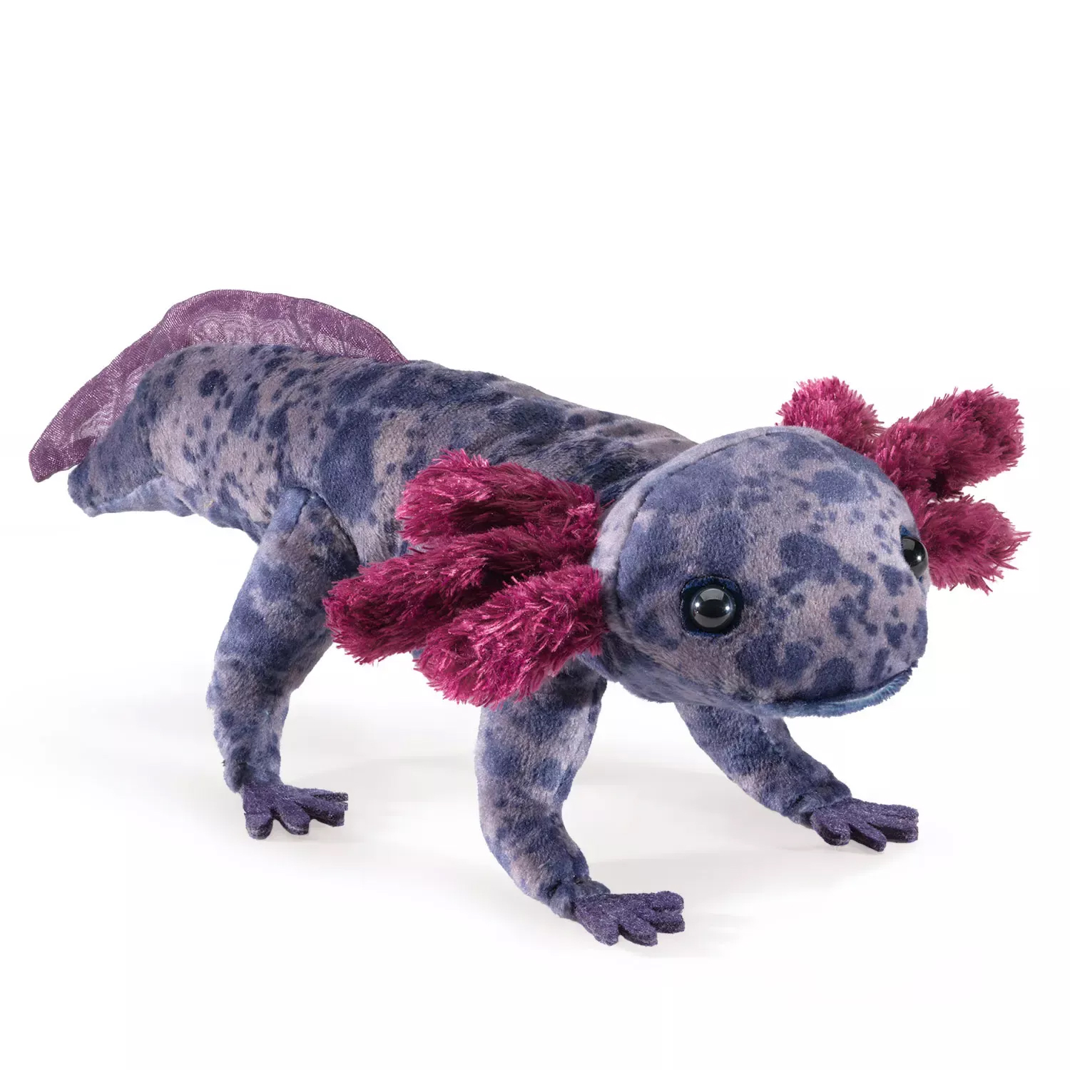 Folkmanis finger puppet axolotl in blue-grey mottled plush with pink gill tufts and a transparent dorsal fin, side view