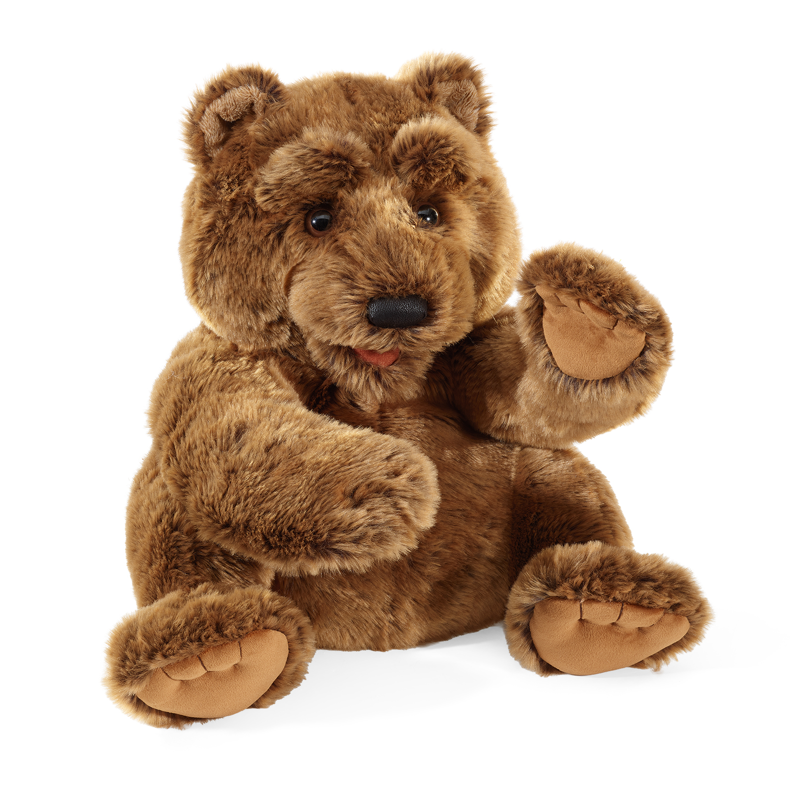Folkmanis large bear hand puppet, sitting in a front view with brown fur, a raised paw and its mouth slightly open.