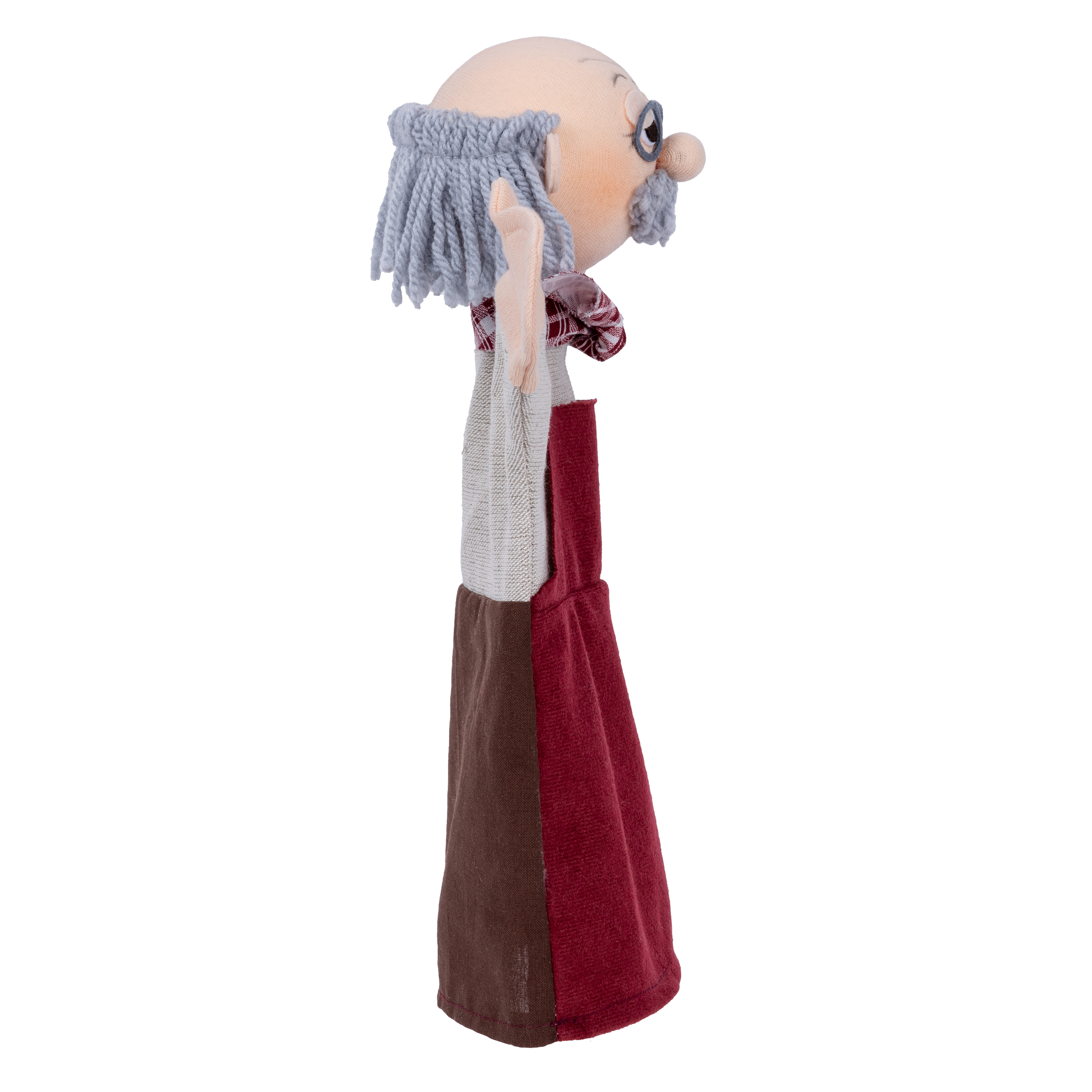 Punch and Judy puppet grandfather by munabo in side view with bald head, grey hair ring and apron