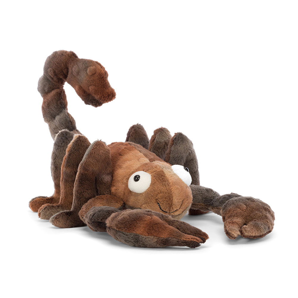 Jellycat plush toy scorpion Simon Scorpion, brown plush toy with a raised tail and big eyes, front view