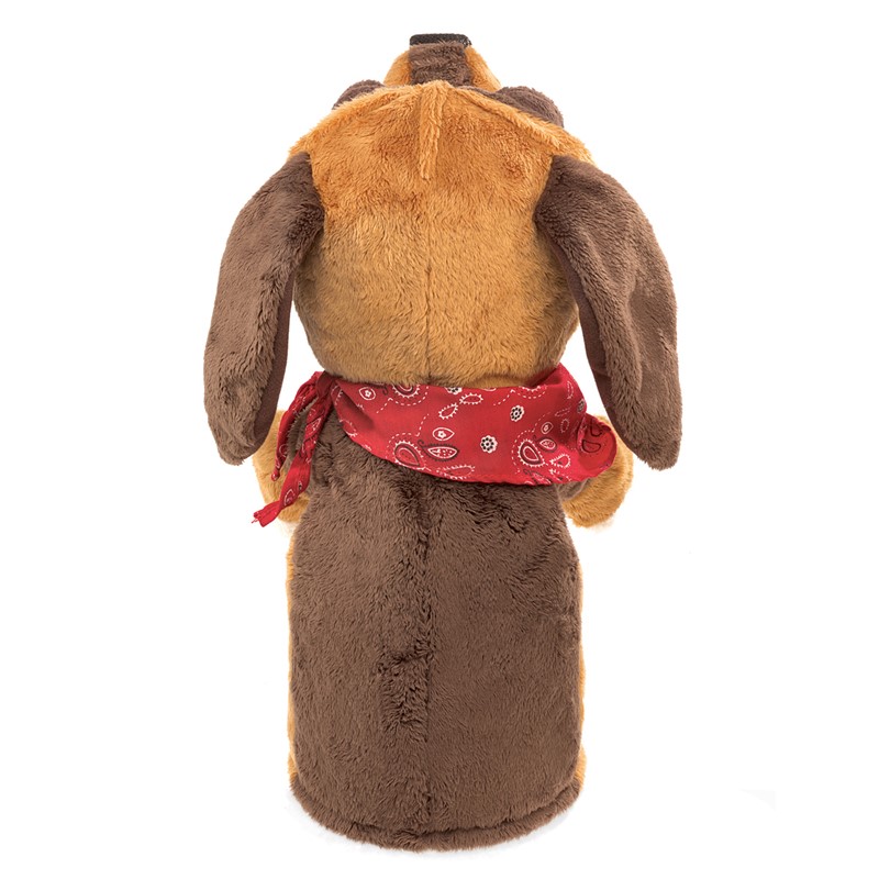 Folkmanis dog hand puppet seen from behind, brown plush fur with light brown back and red paisley neckerchief
