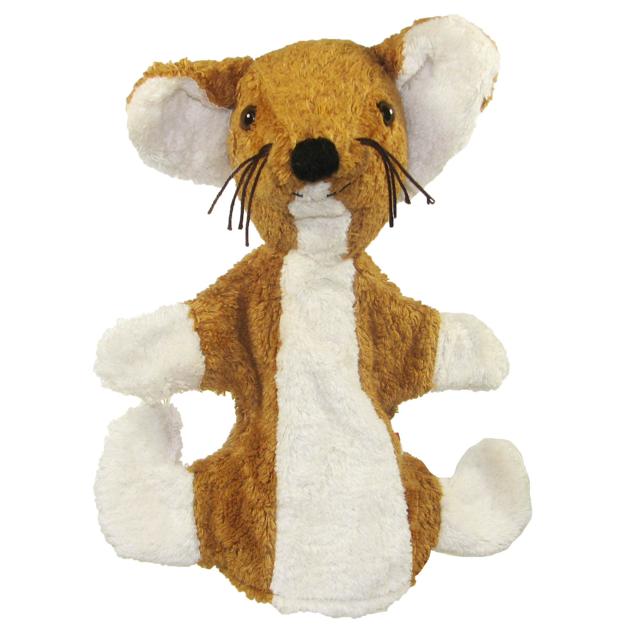 Kallisto hand puppet fox front view, orange-brown natural-material puppet with a white belly and bushy tail