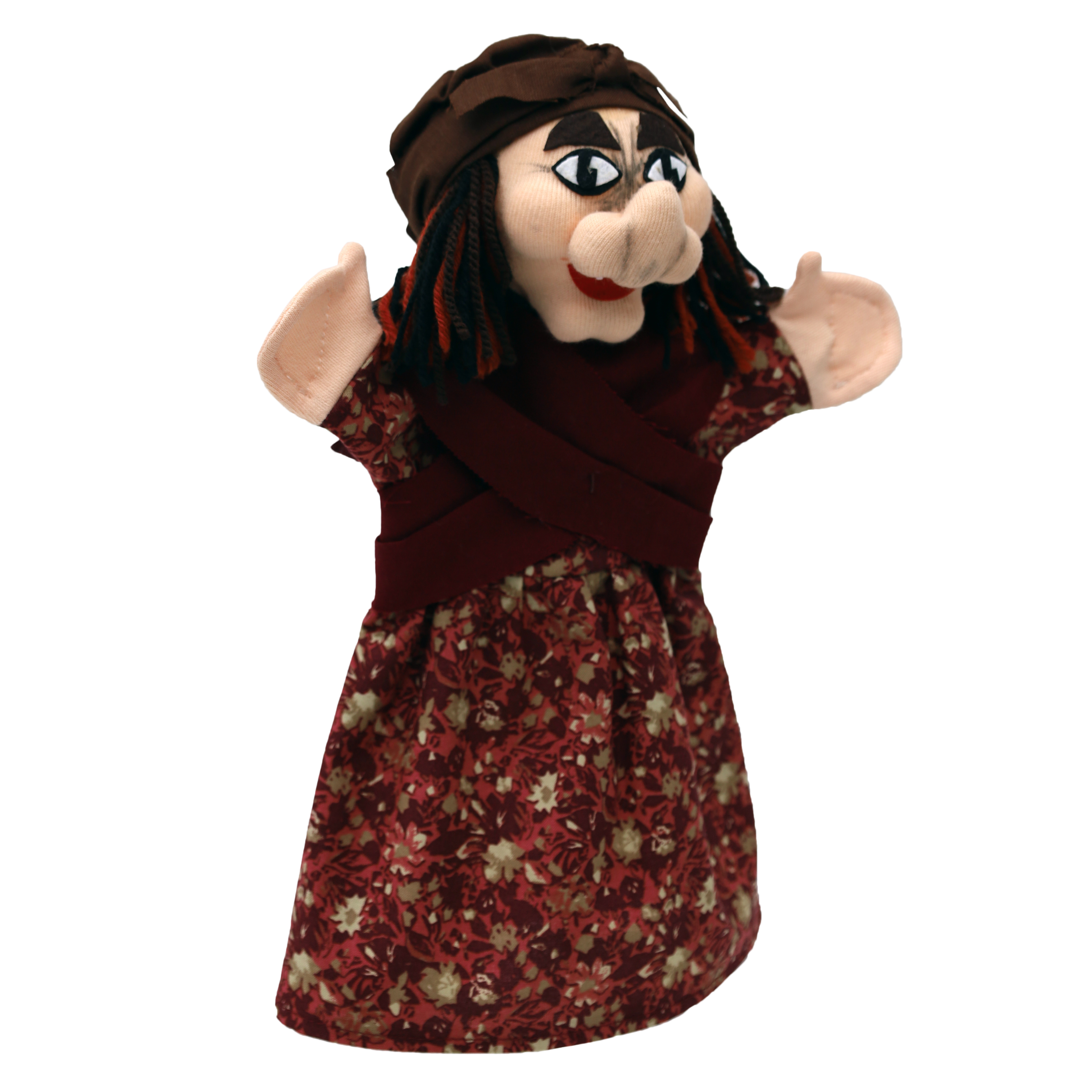 Punch and Judy puppet witch by munabo with a brown headscarf, dark shaggy hair and floral dress