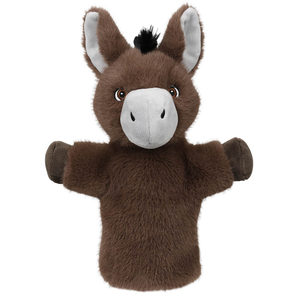 Handpuppe Esel aus der Serie Puppet Buddies der Puppet Company, braune Plüschfigur mit grauer Schnauze, langen grau gefütterten Ohren und schwarzer Mähne von vorn
