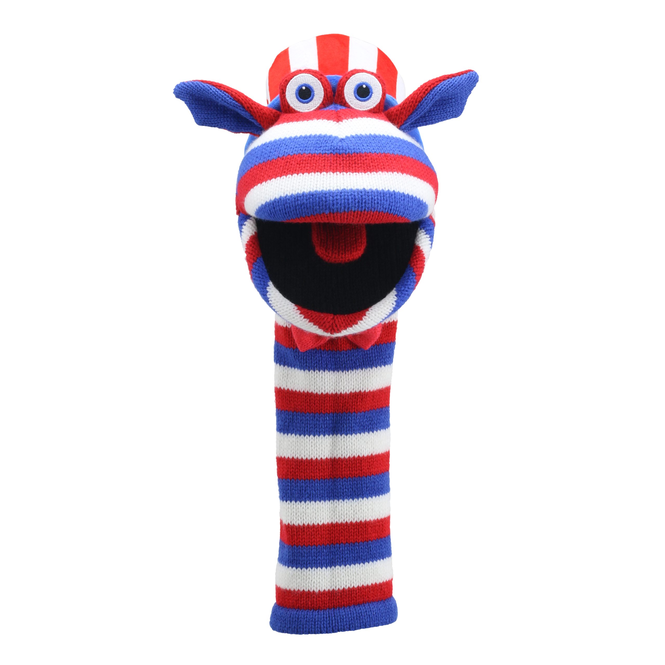 The Puppet Company sock puppet Sammy, red, white and blue striped monster with glasses on its head, front view