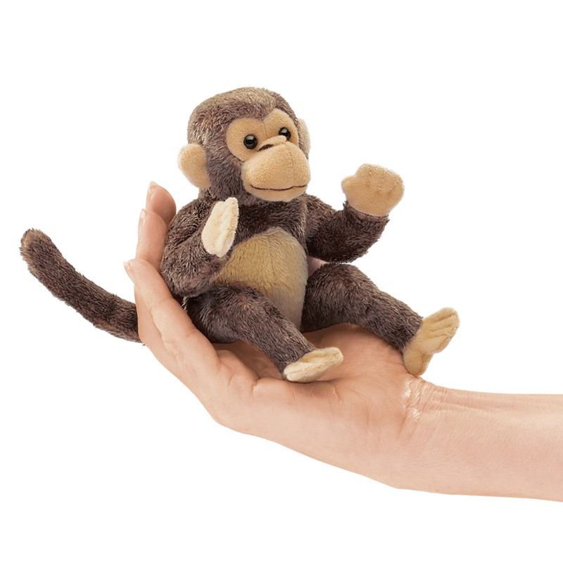 Folkmanis mini finger puppet monkey in brown-beige, sitting on a palm, with a long tail and one paw raised