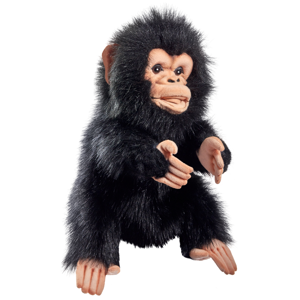 Schimpanse Handpuppe von Hansa Creation mit schwarzem Fell und hautfarbenem Gesicht, sitzend