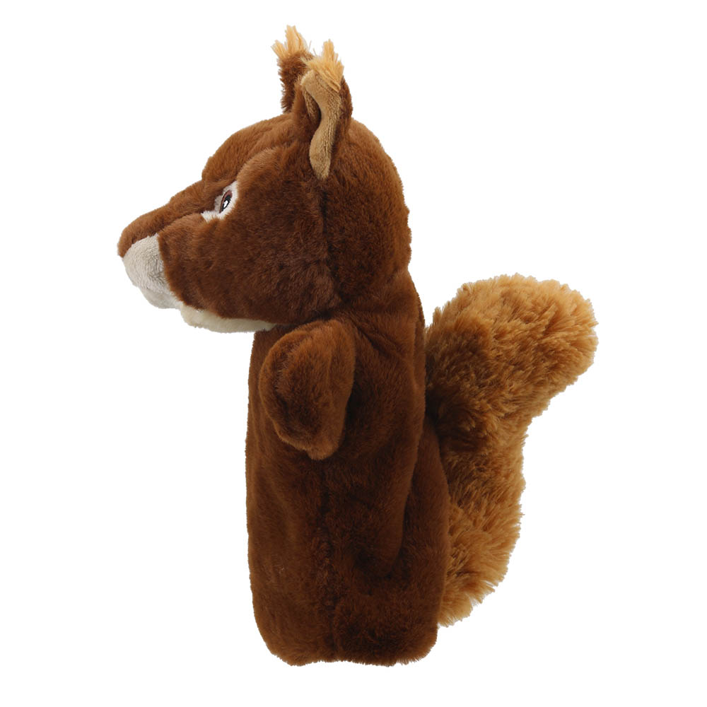 The Puppet Company hand puppet squirrel, back view with a light brown tail and the ears seen from behind