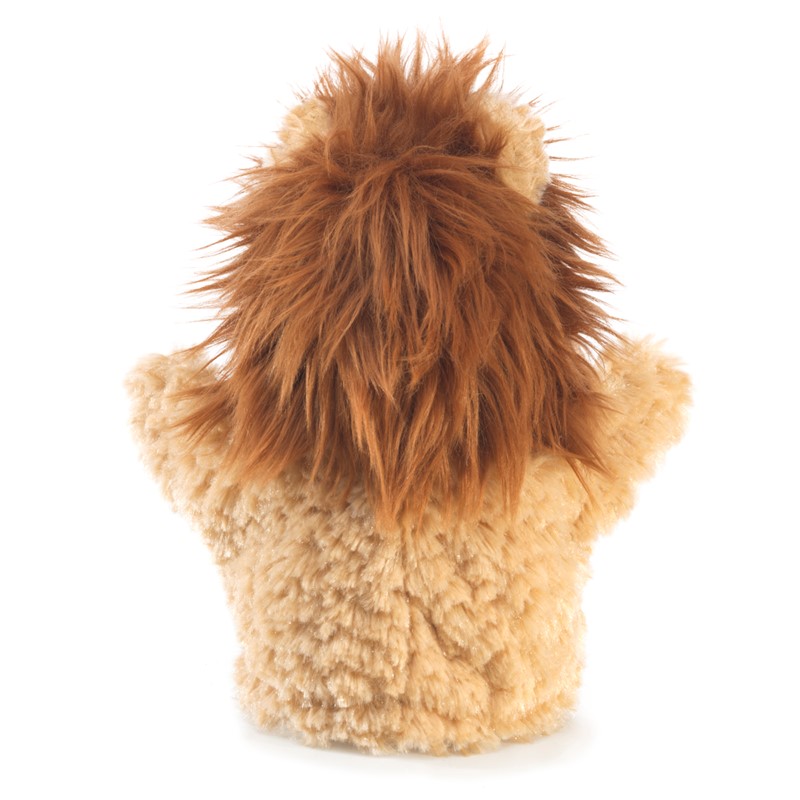 Folkmanis little lion hand puppet seen from behind, with sandy plush fur, a shaggy reddish-brown mane, and side paws visible