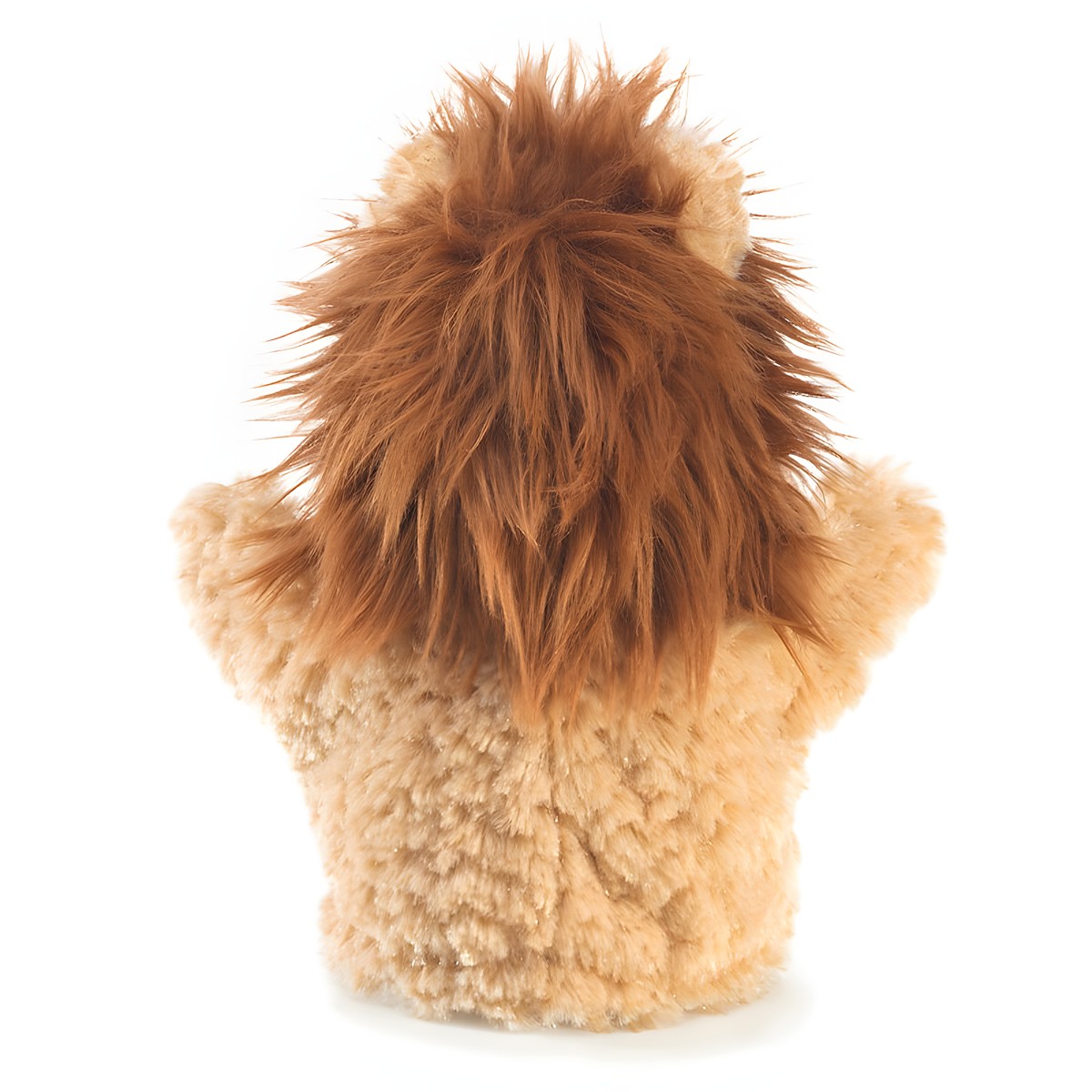 Folkmanis little lion hand puppet seen from behind, with sandy plush fur, a shaggy reddish-brown mane, and side paws visible