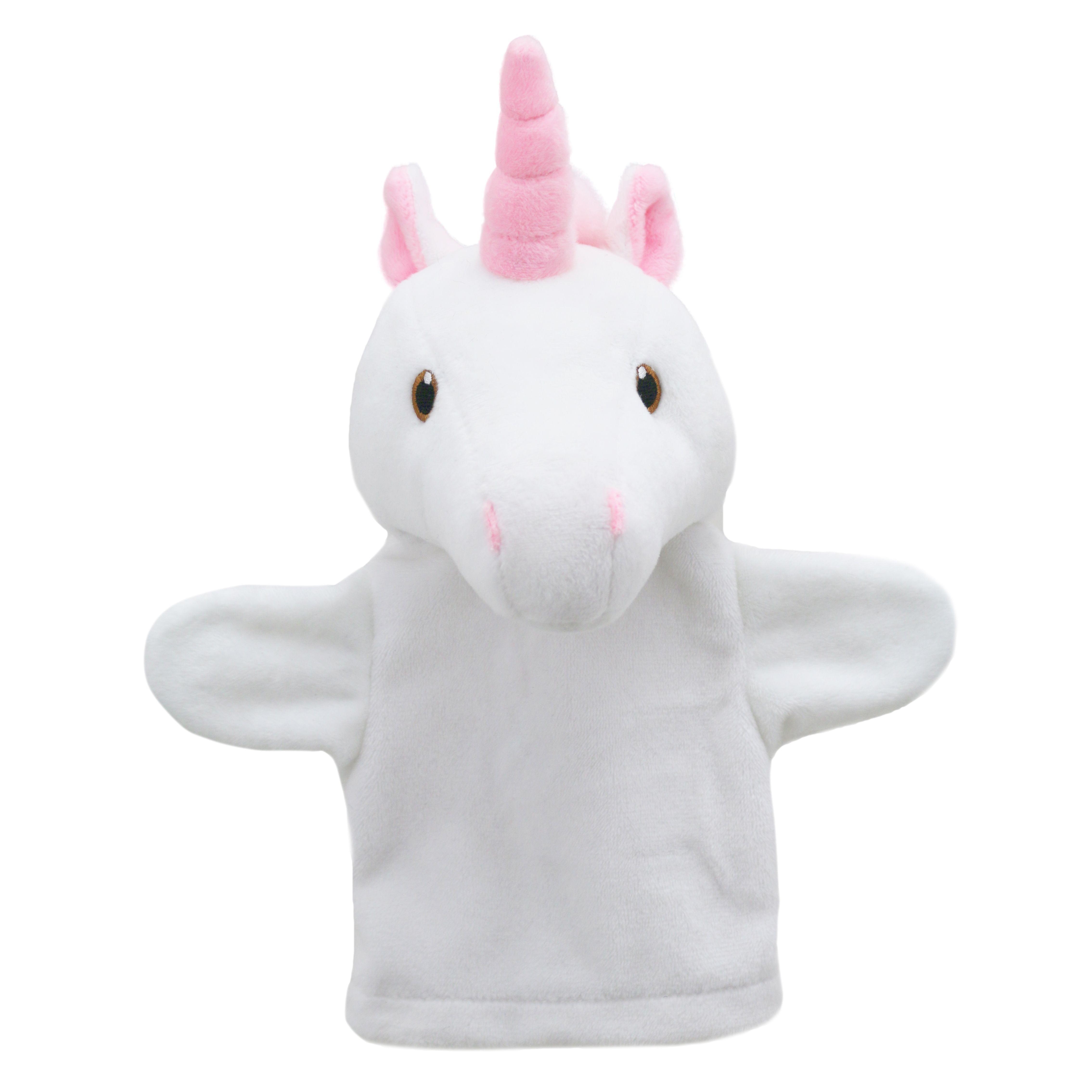 The Puppet Company baby hand puppet unicorn, white puppet with a pink horn and pink ears
