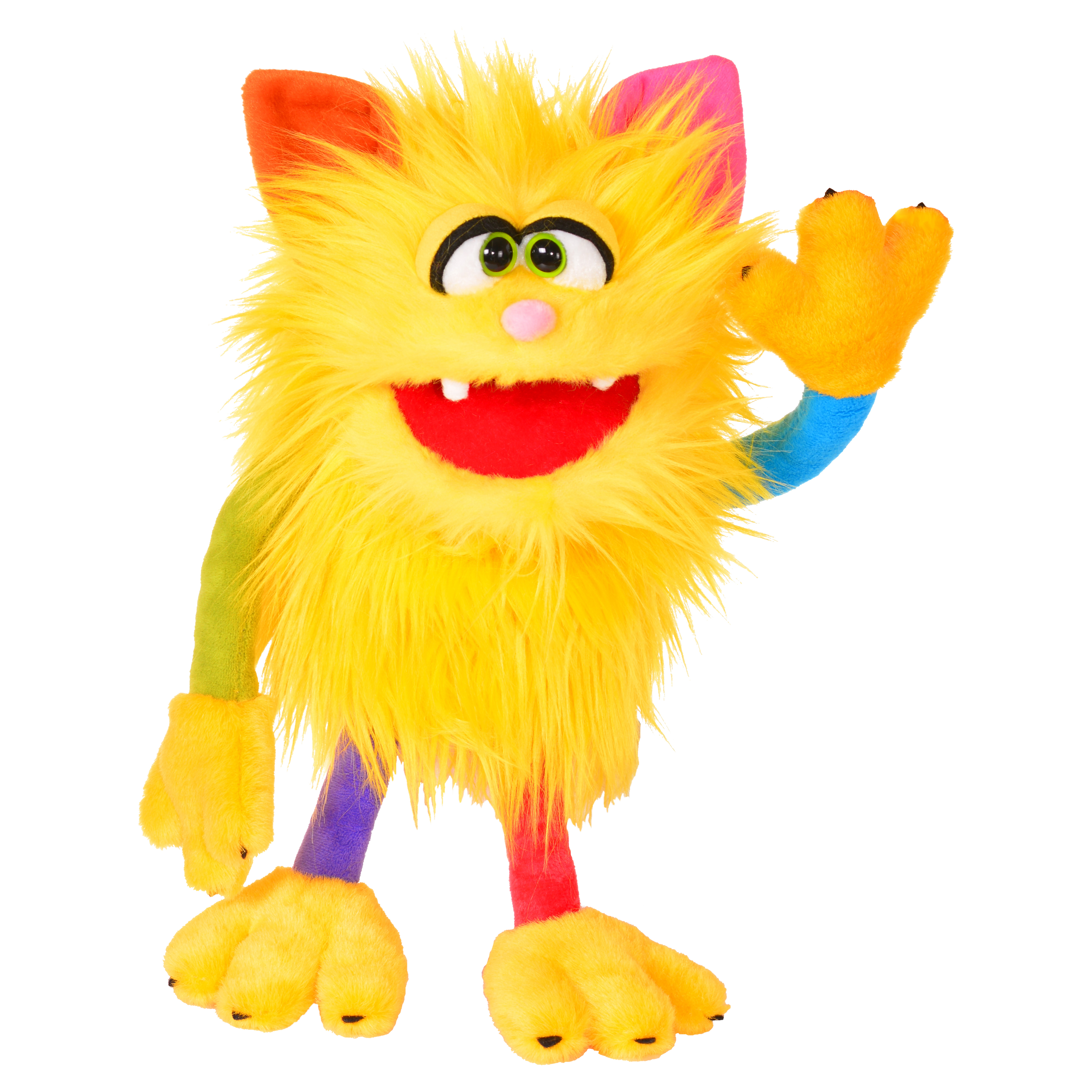 Living Puppets hand puppet Schickimicki from the Monster to go series, yellow monster cat with rainbow-coloured arms and legs, waving