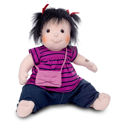 Rubens Barn Original doll Meiya with black pigtails, purple shirt, jeans and pink bag