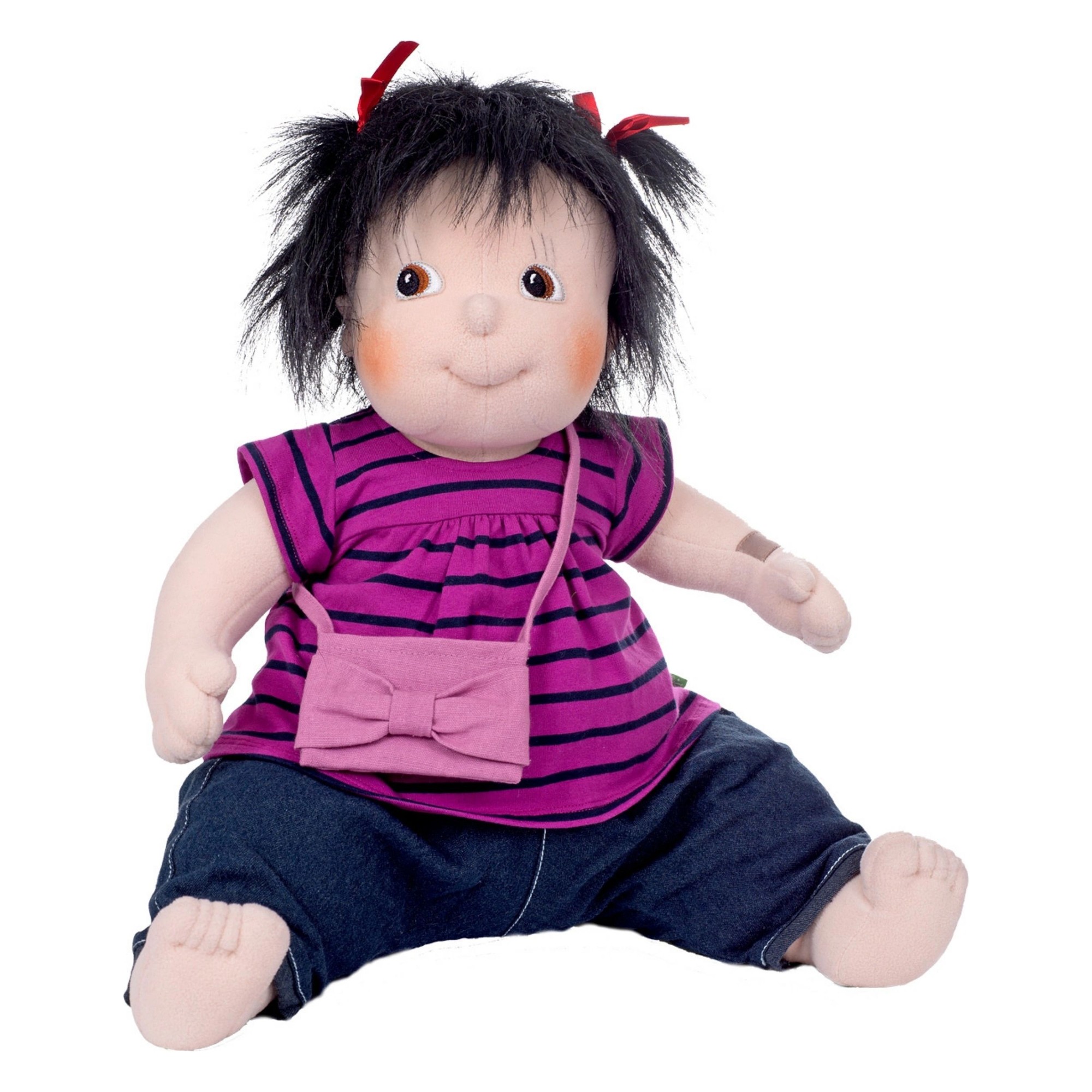Rubens Barn Original-Puppe Meiya mit schwarzen Zöpfen, lila Shirt, Jeans und rosa Täschchen