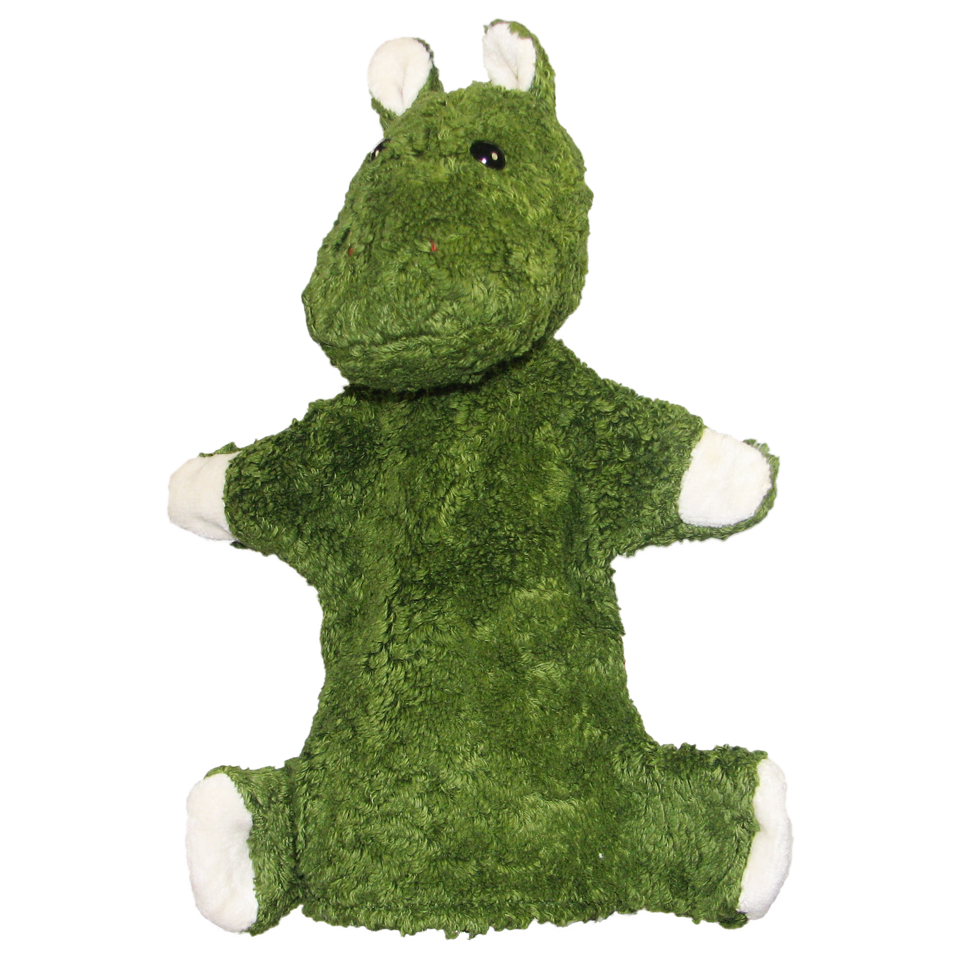 Kallisto hand puppet hippo green front view, green natural-material puppet with cream-coloured paws and ears