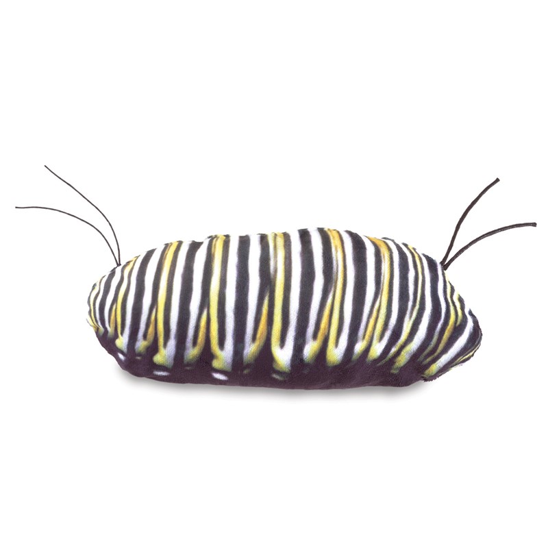 Folkmanis hand puppet Metamorphose butterfly in caterpillar form with black, yellow and white stripes and wire antennae