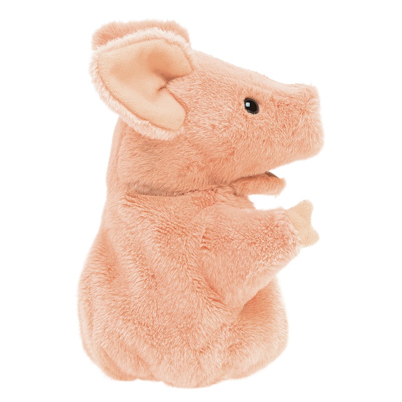Folkmanis hand puppet small pig in pink plush, side view with visible front paws and large ears