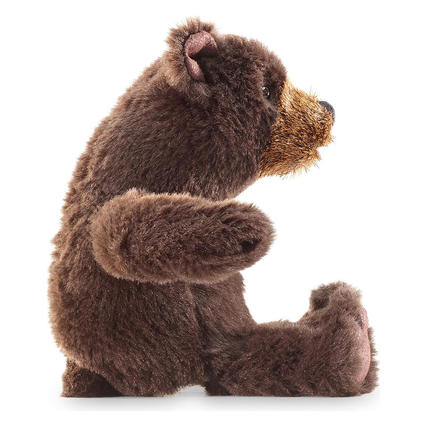 Folkmanis finger puppet mini sitting bear in dark brown plush with a golden-coloured muzzle area, side view