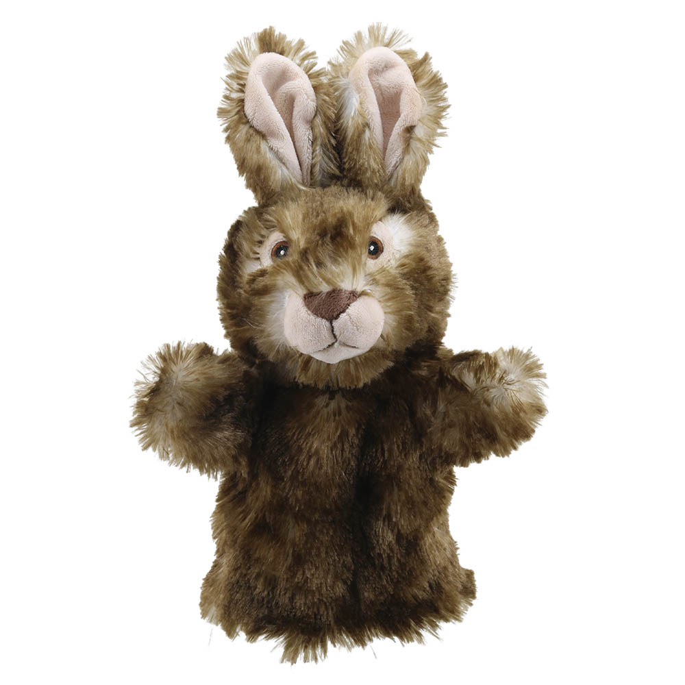 The Puppet Company baby hand puppet wild rabbit, brown mottled rabbit with upright ears and pink inner ears