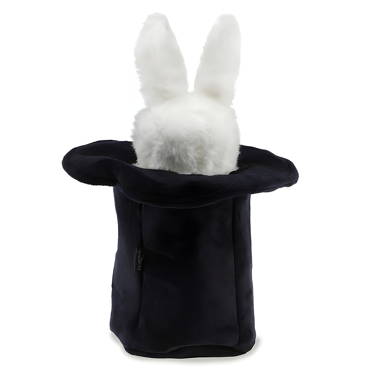 Folkmanis hand puppet white rabbit in a black top hat, rear view with upright plush ears