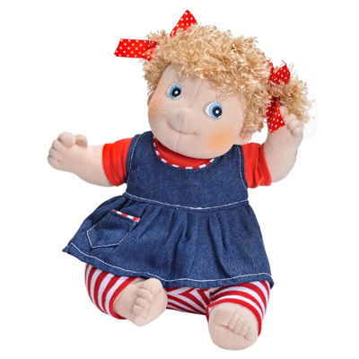Rubens Kids doll Olivia with red hair bows, denim dress and red striped leggings