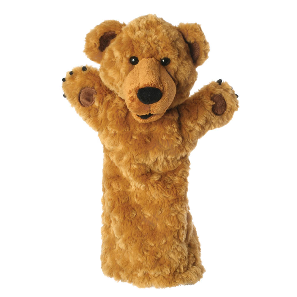 The Puppet Company baby hand puppet bear, brown puppet with raised paws and a round face