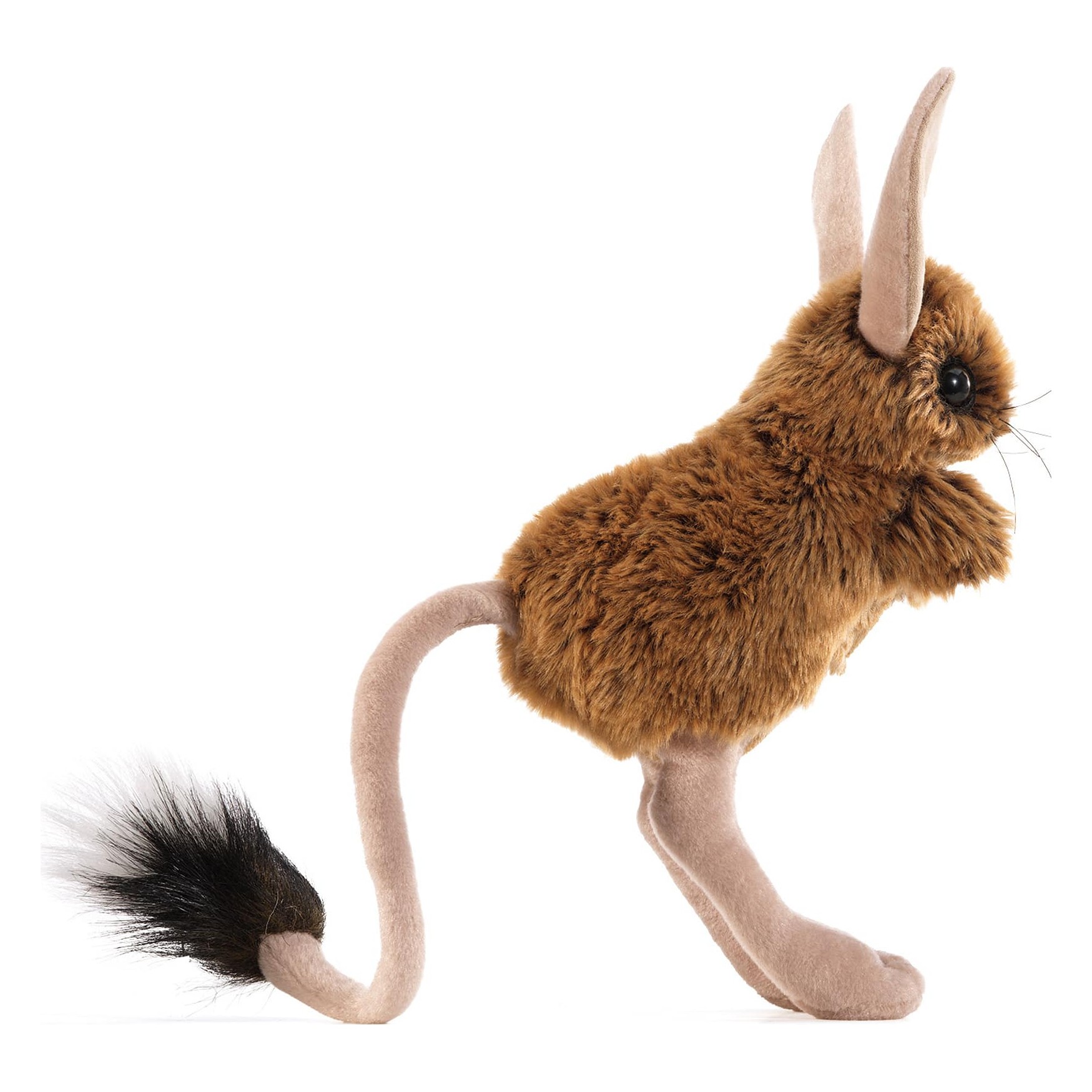 Folkmanis jerboa hand puppet with brown plush fur, long hind legs, narrow ears, and a black-and-white tufted tail, side view