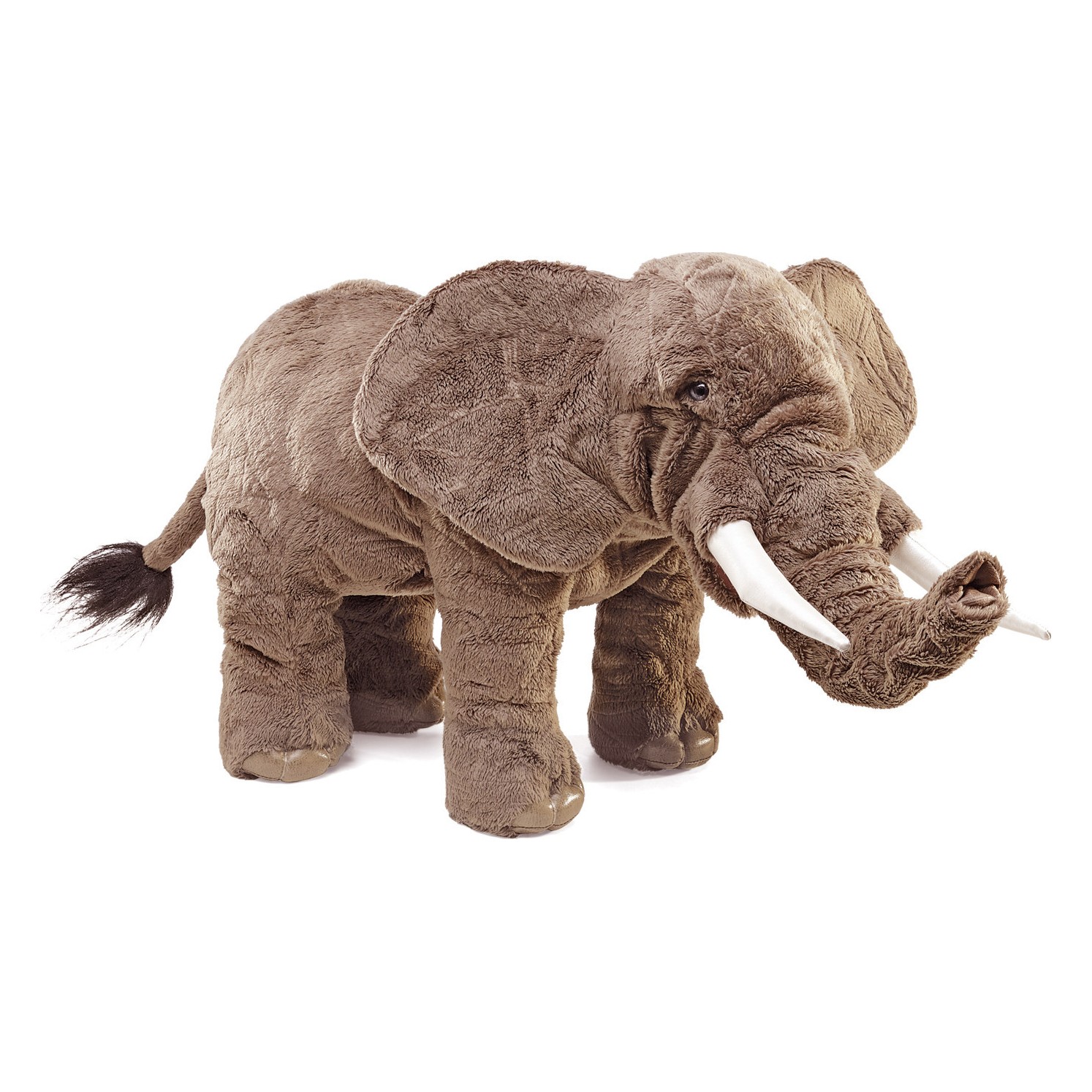 Folkmanis Handpuppe Elefant aus grauem Plüsch, stehend mit beweglichem Rüssel und weißen Stoßzähnen, Seitenansicht