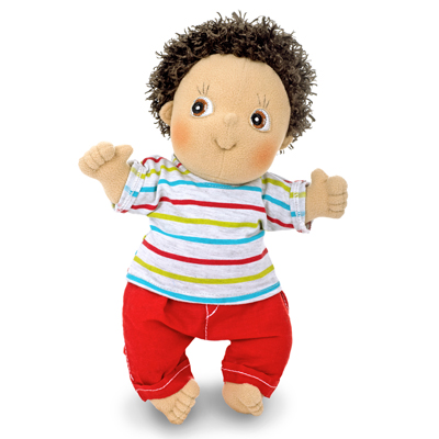 Rubens Cutie doll Charlie with dark curls, colourful striped shirt and red trousers