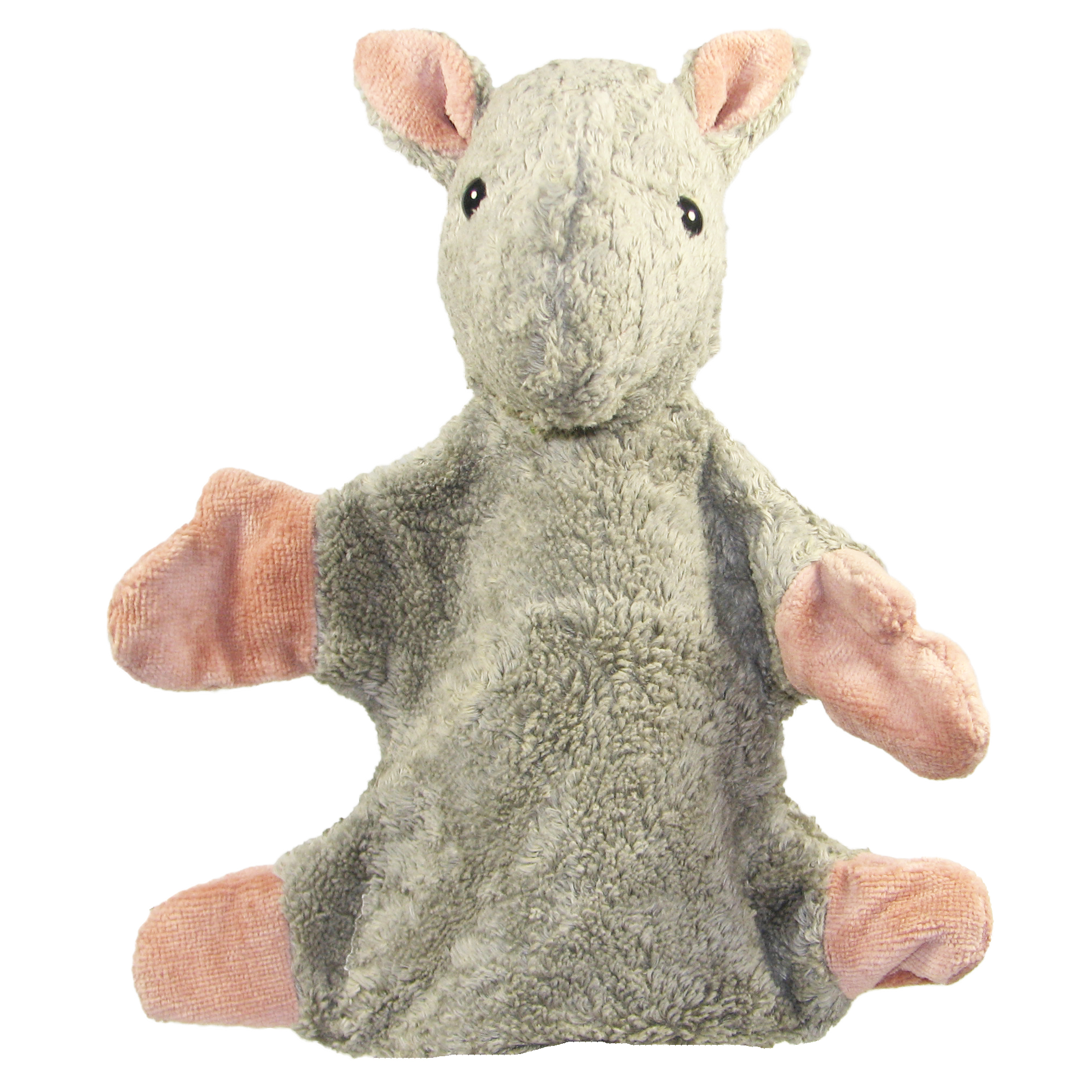 Kallisto hand puppet rhino front view, grey-green natural-material puppet with pink paws and upright ears