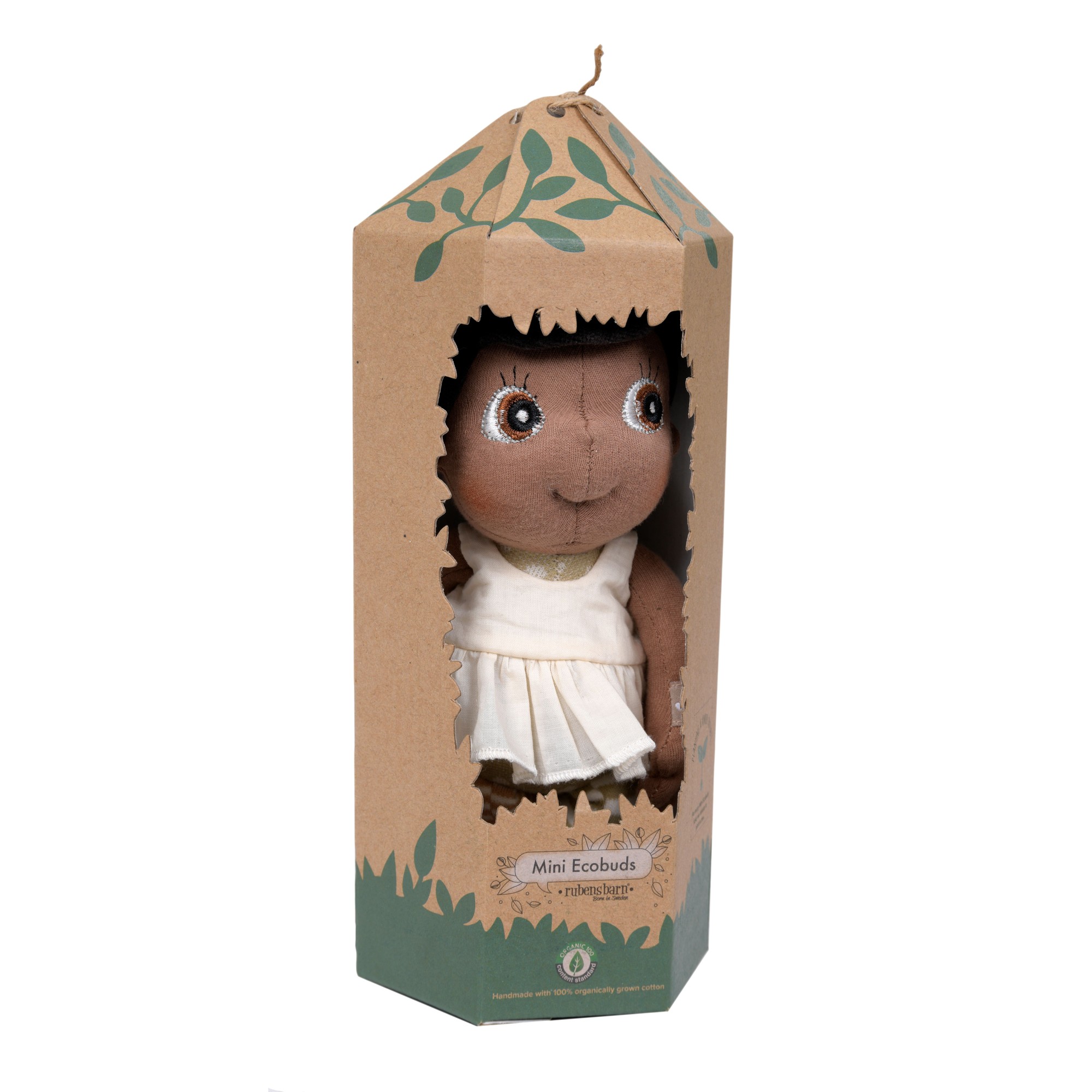 Rubens EcoBuds mini doll Flora in the natural cardboard packaging