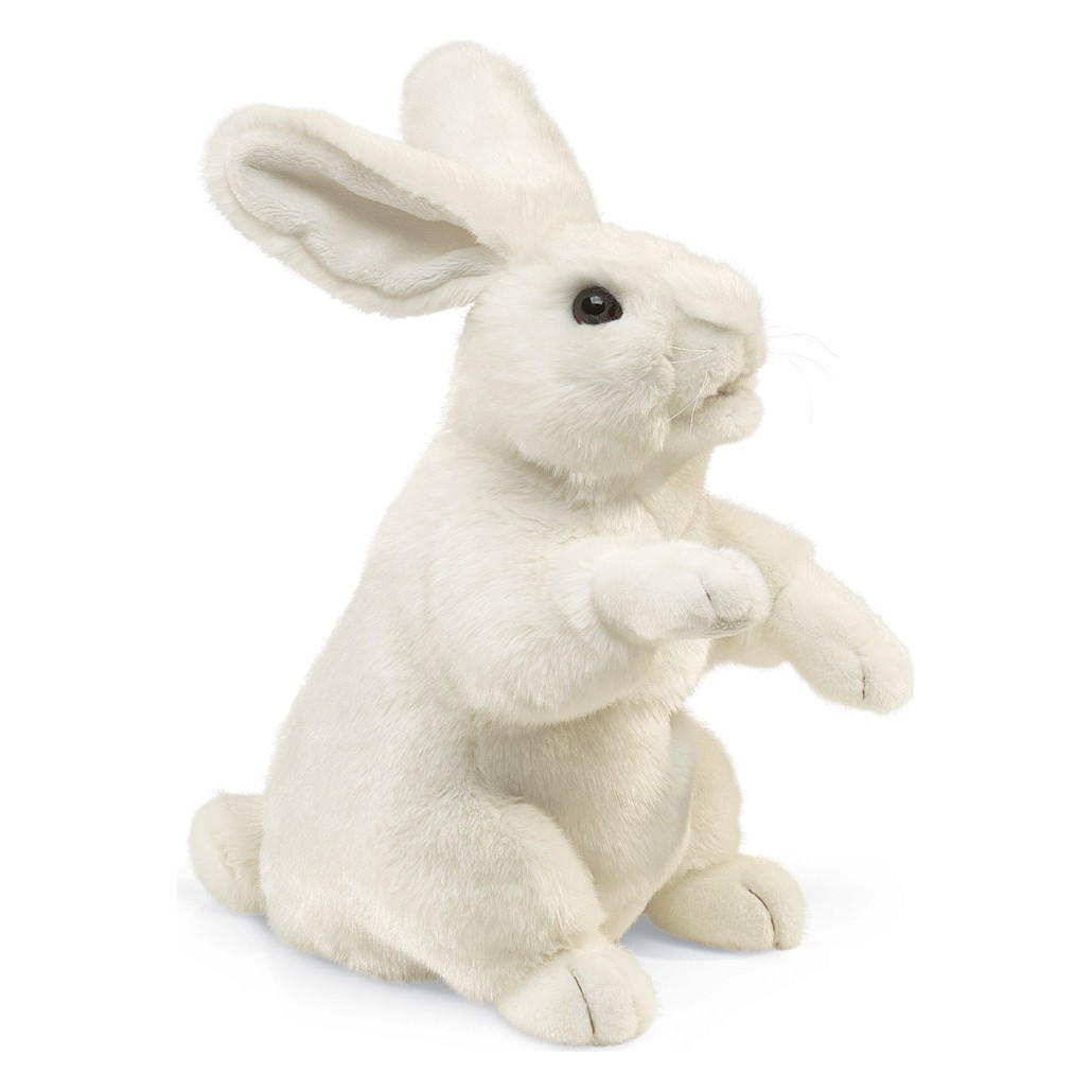 Folkmanis Handpuppe weißes Kaninchen in aufgerichteter Pose mit langen Ohren und detaillierten Pfoten, Seitenansicht
