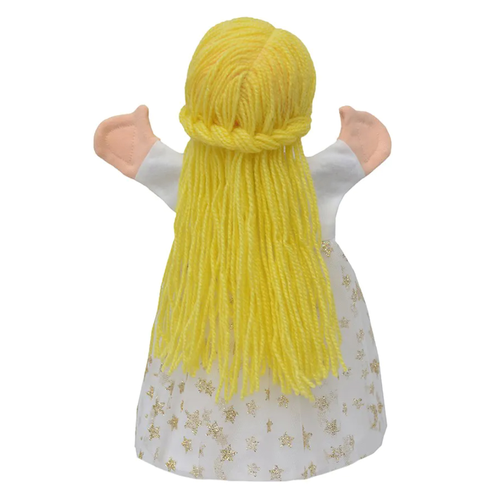 Punch and Judy puppet Cinderella by munabo seen from the back with braided blond hair and star dress