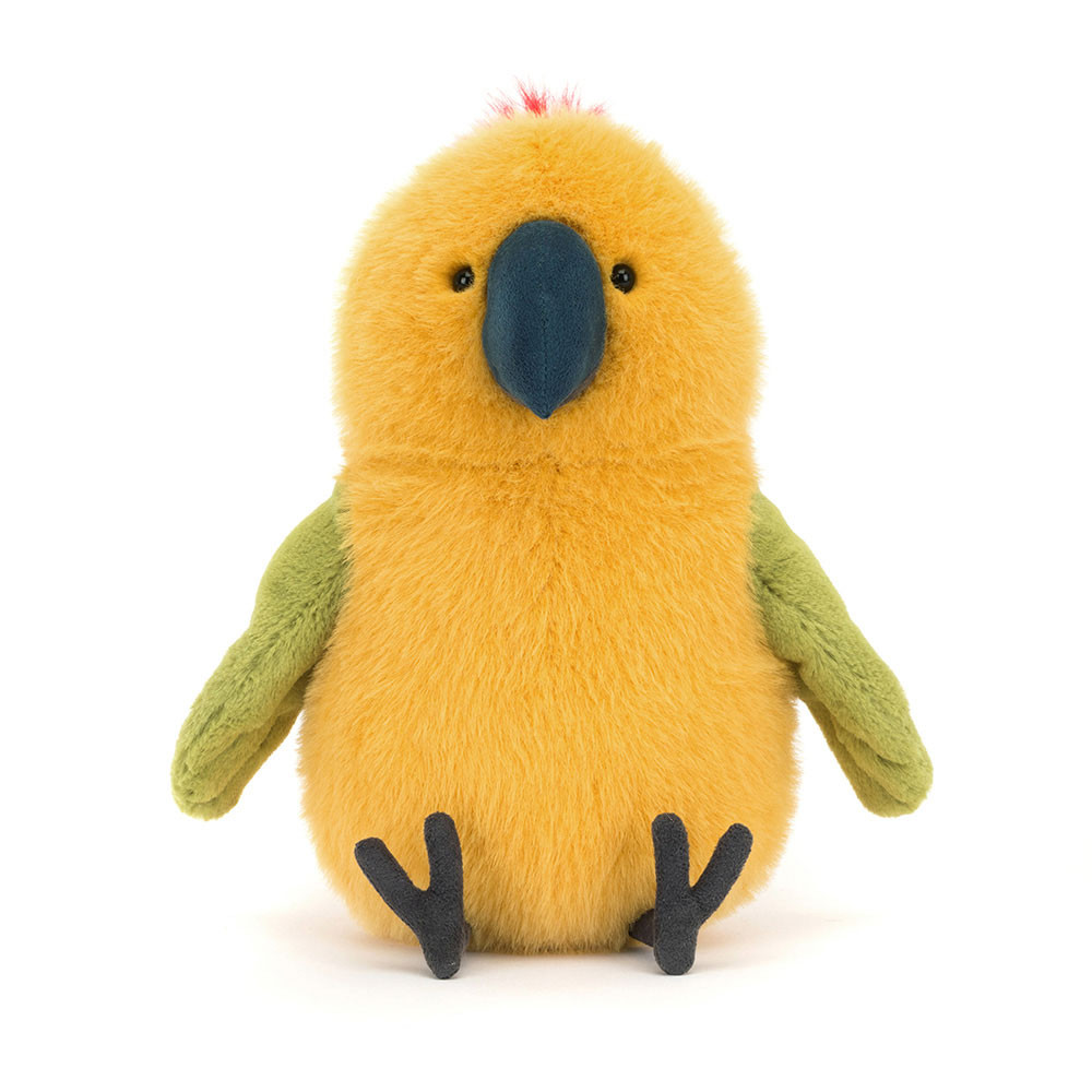 Jellycat plush toy parrot Budgeby Parrot, yellow plush toy with a dark blue beak, sitting