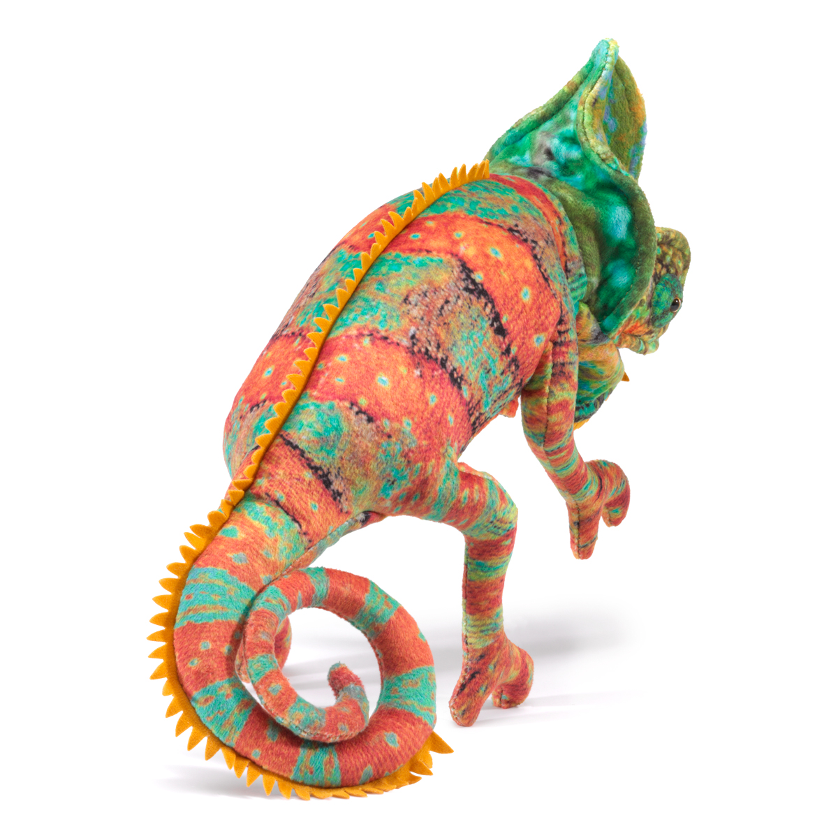 Folkmanis hand puppet small chameleon in orange-green with a curled tail and yellow dorsal crest, rear three-quarter view