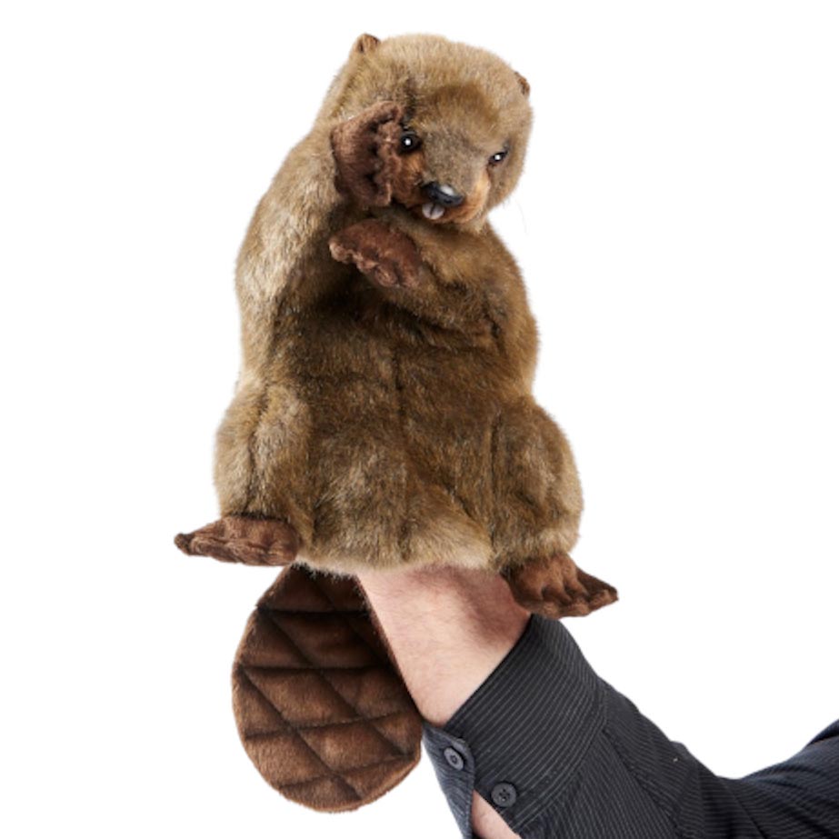 Biber Handpuppe von Hansa Creation mit braunem Fell und flachem, gemustertem Biberschwanz