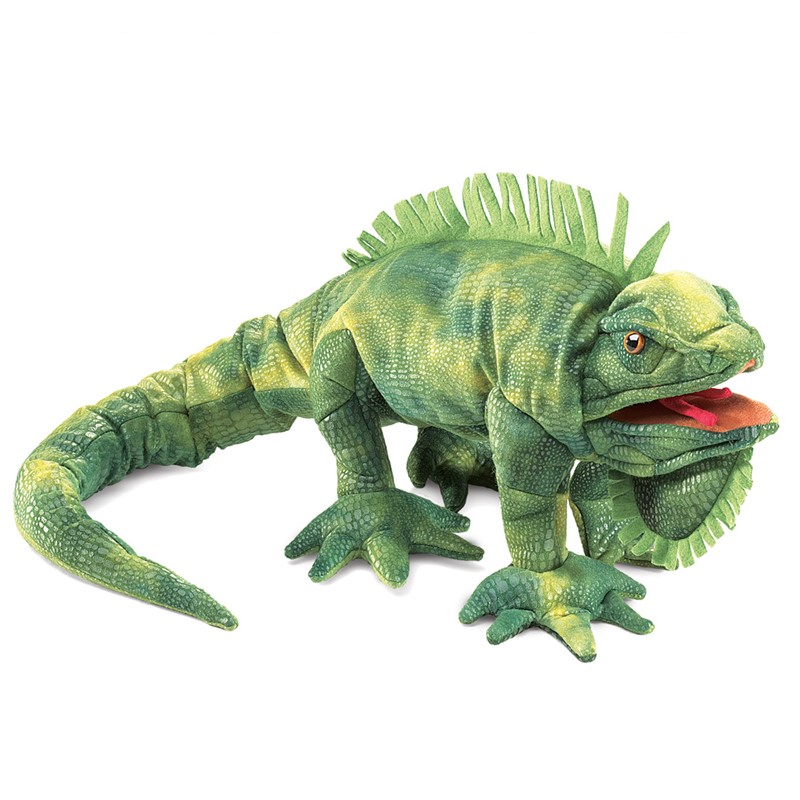 Folkmanis iguana hand puppet in green with detailed scale texture, dorsal crest and open mouth, side view