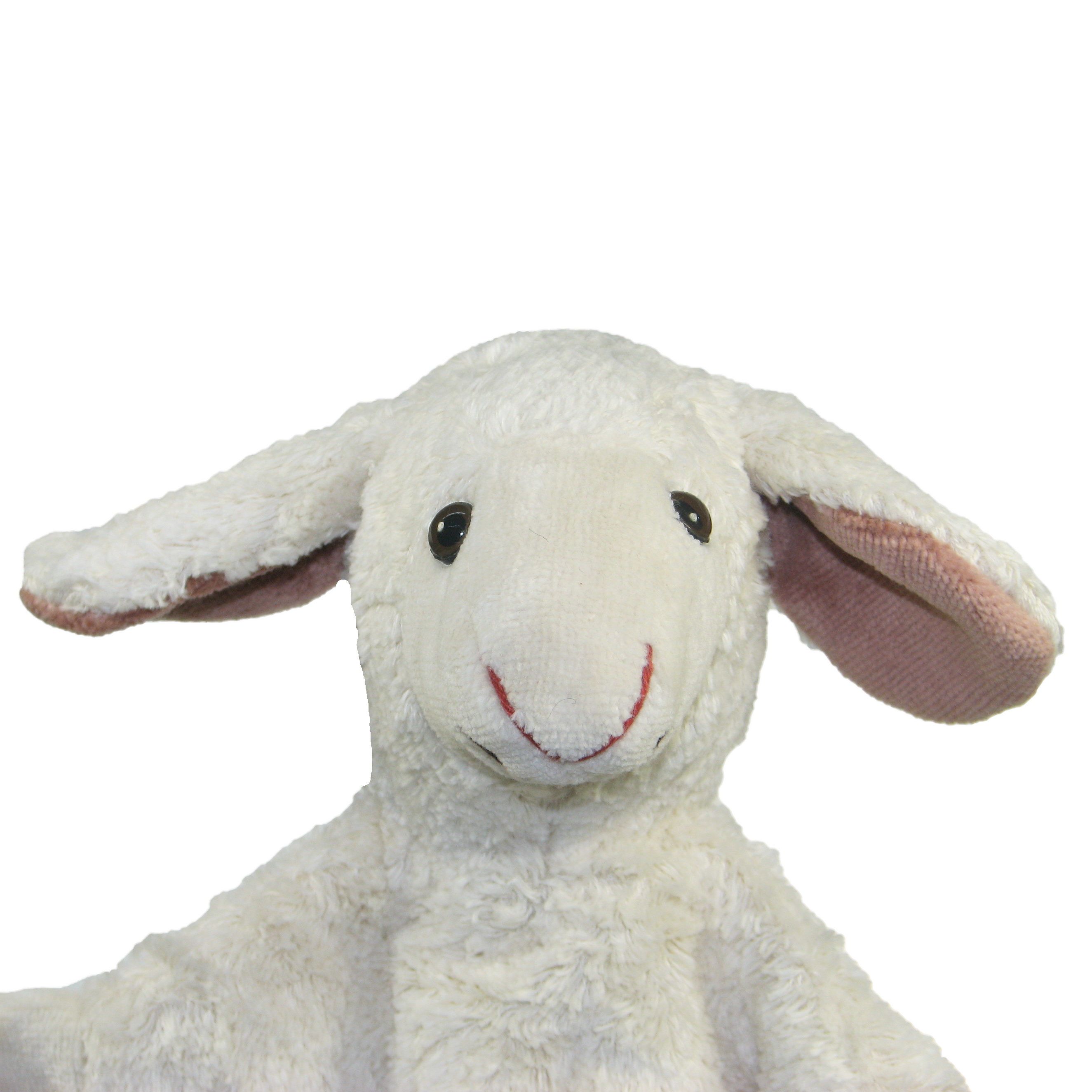 Kallisto hand puppet sheep, portrait with an embroidered smile, pink ear linings and cream-white wool