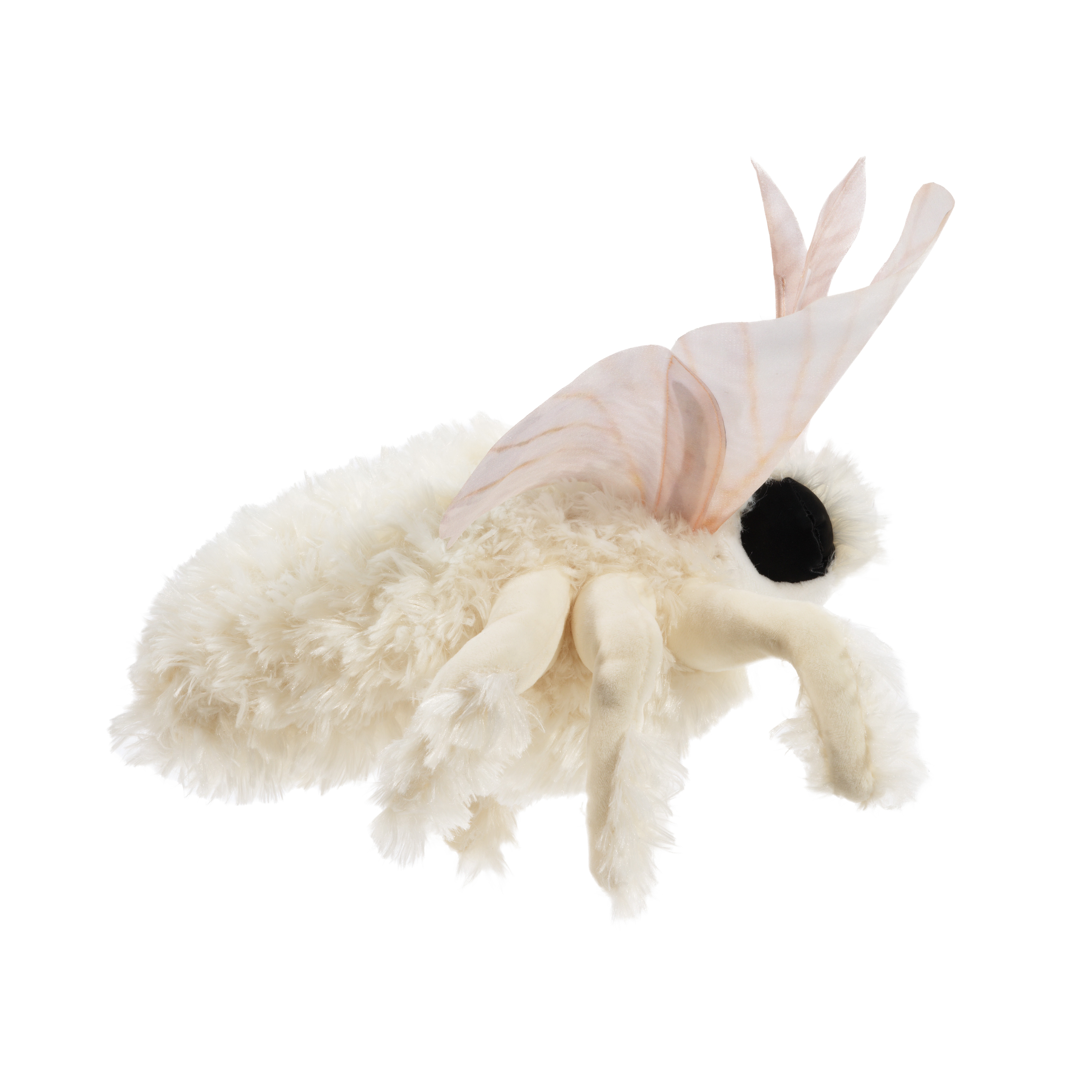 Folkmanis poodle moth hand puppet in cream fluffy plush with transparent wings and a black eye, side view