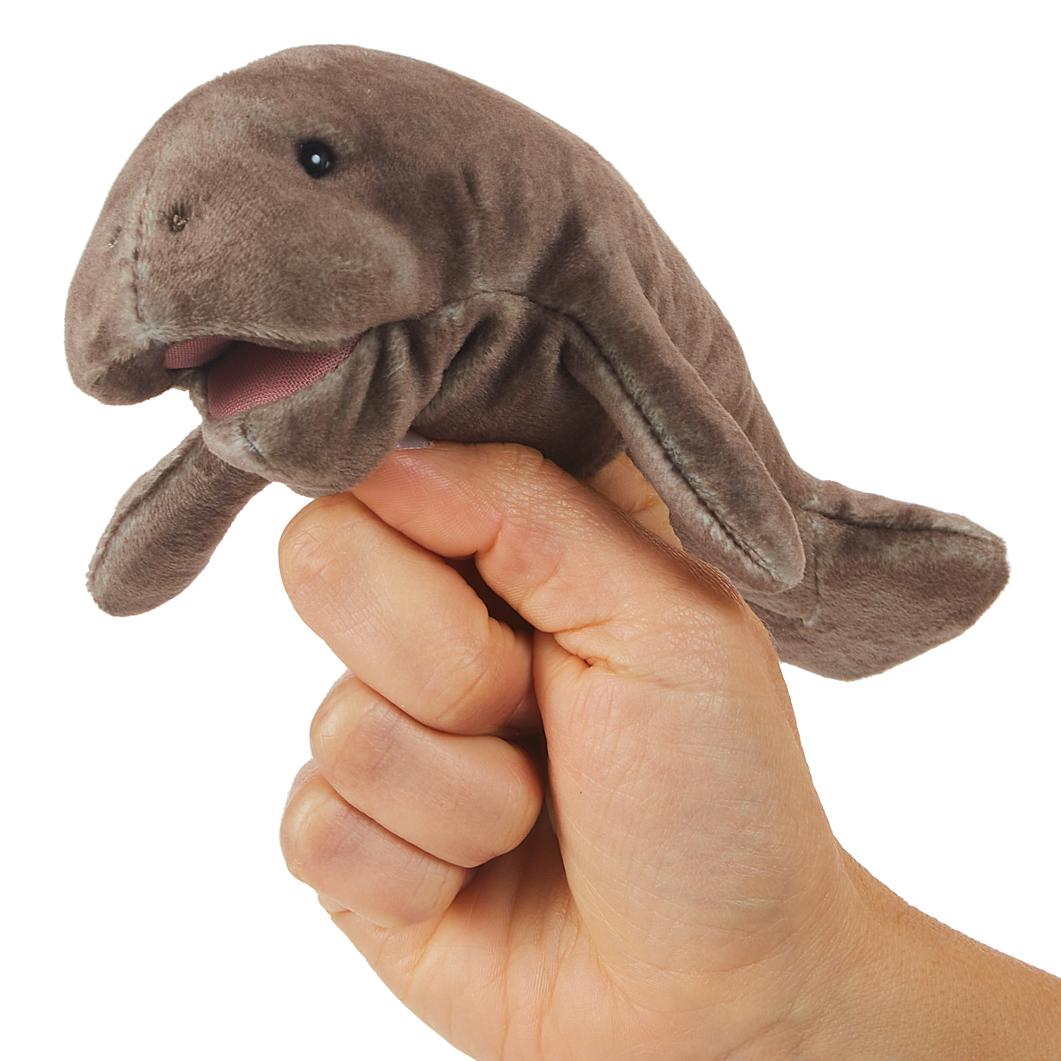 Folkmanis mini manatee finger puppet in grey-brown worn on index finger, open pink mouth, side view