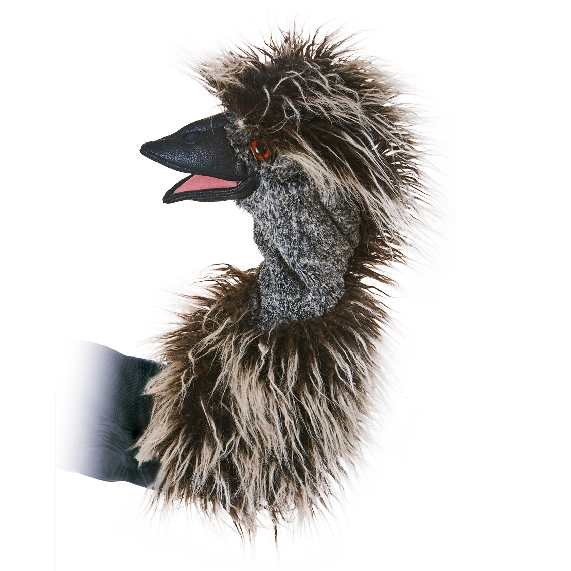 Folkmanis emu hand puppet with shaggy brown-and-white plumage, grey neck and open black beak, side view