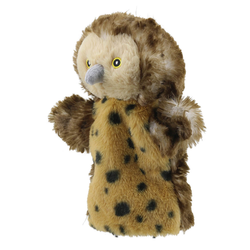 The Puppet Company baby hand puppet owl, front view with outstretched wings and spotted plumage