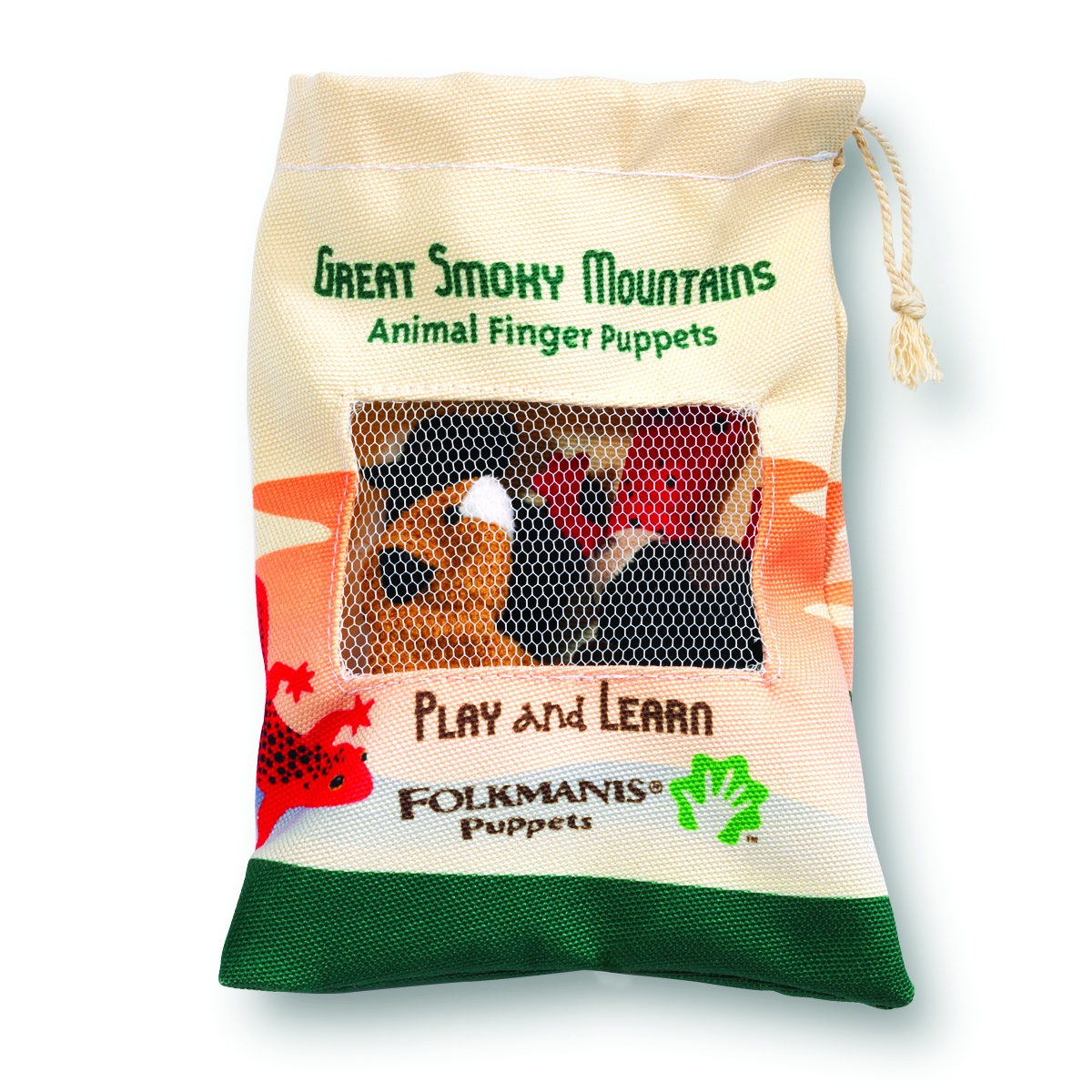 Folkmanis Great Smoky Mountains animal finger puppet set in a beige cotton drawstring bag with a green base and mesh window
