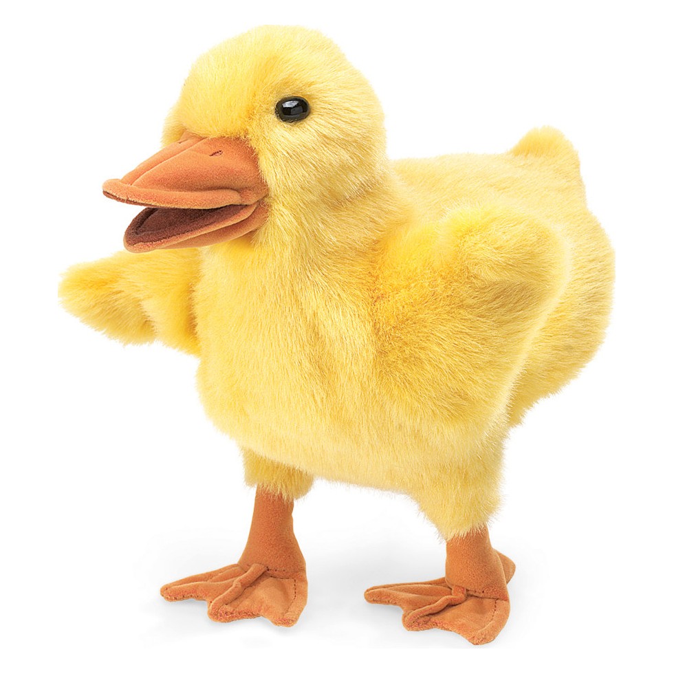 Folkmanis Handpuppe Entchen in Gelb mit geöffnetem orangebraunem Schnabel, stehend in der Seitenansicht