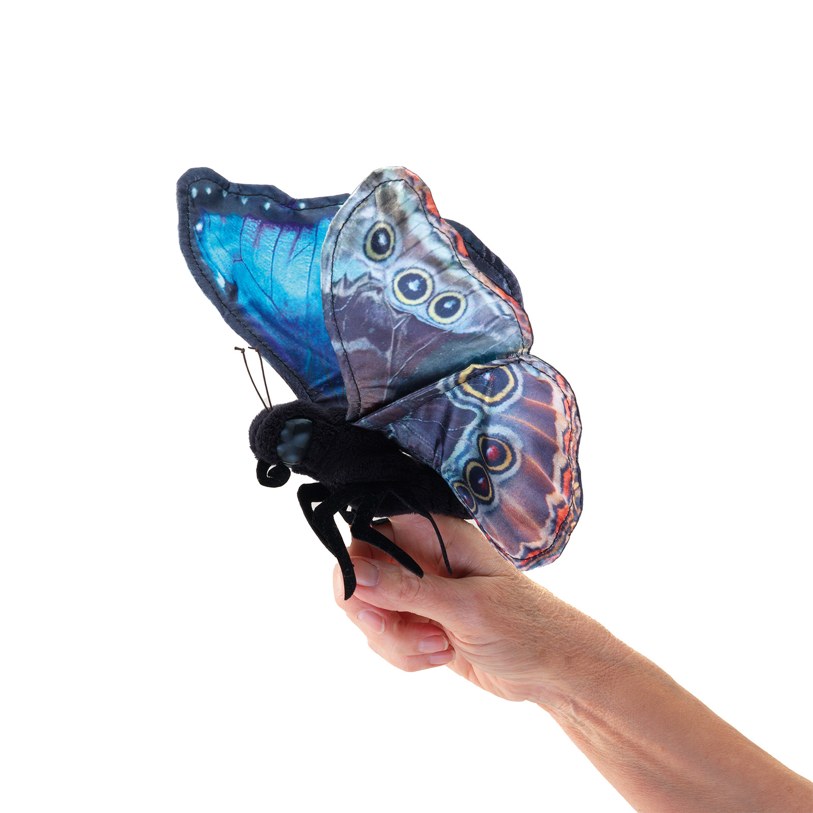 Folkmanis Blue Morpho Butterfly hand puppet with photorealistic wings in blue and brown, held on a hand, side view