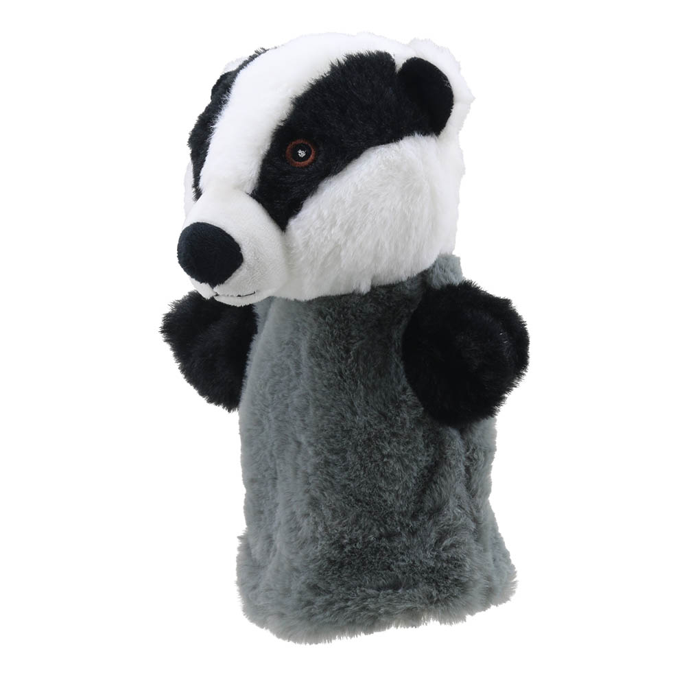 The Puppet Company hand puppet badger, side view showing the black and white head markings